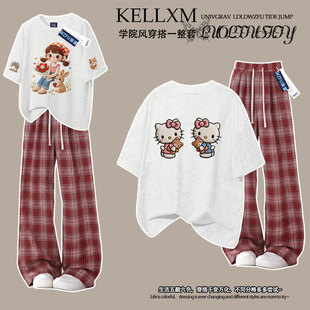 女童夏季纯棉扎染短袖t恤格子裤捧花女孩中大童宽松百搭ins两件套