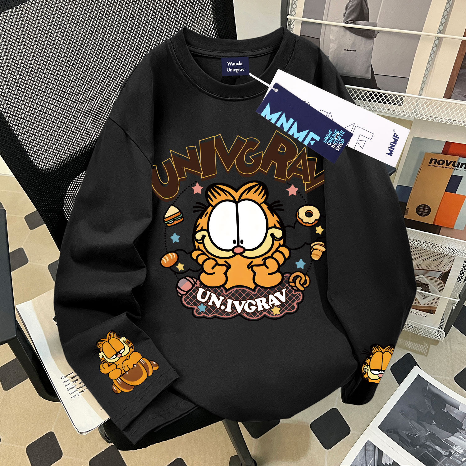 女童纯棉长袖T恤春秋款国潮加菲猫印花慵懒风初中生oversize上衣