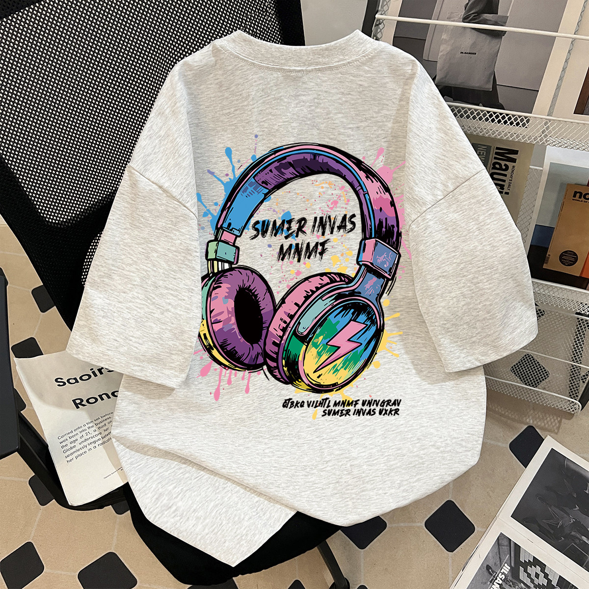 夏季新款潮酷风时尚潮流耳机印花女童短袖100％纯棉T恤中学生上衣