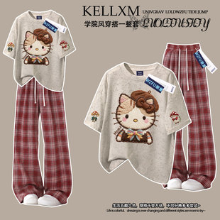 仿刺绣女童夏季款纯棉扎染短袖t恤格子长裤卡通小猫中大童两件套
