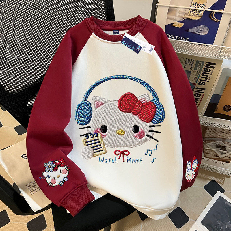 女童红色插肩圆领卫衣春秋冬2026新款可爱小猫仿刺绣中大童上衣服