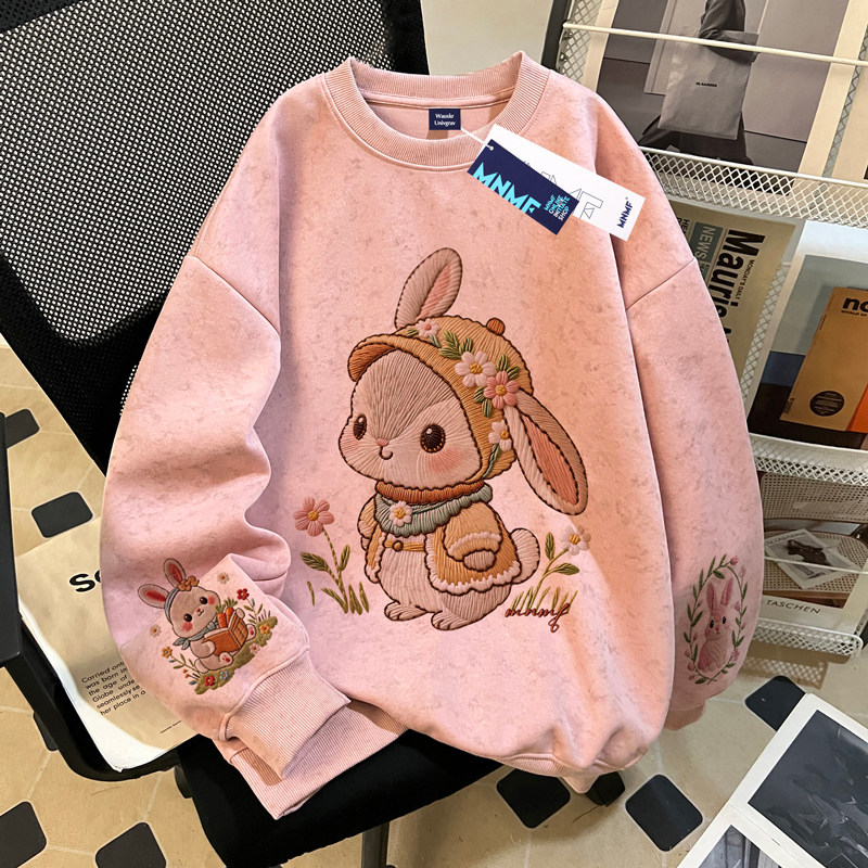 秋冬装女童仿刺绣兔子印花扎染圆领卫衣中大童加绒加厚套头上衣服