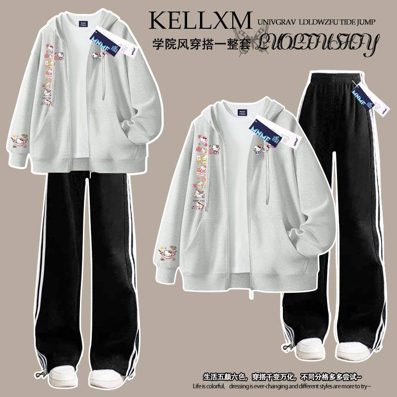 2025秋冬小猫印花女童加绒拉链连帽卫衣套装小众洋气百搭初中生