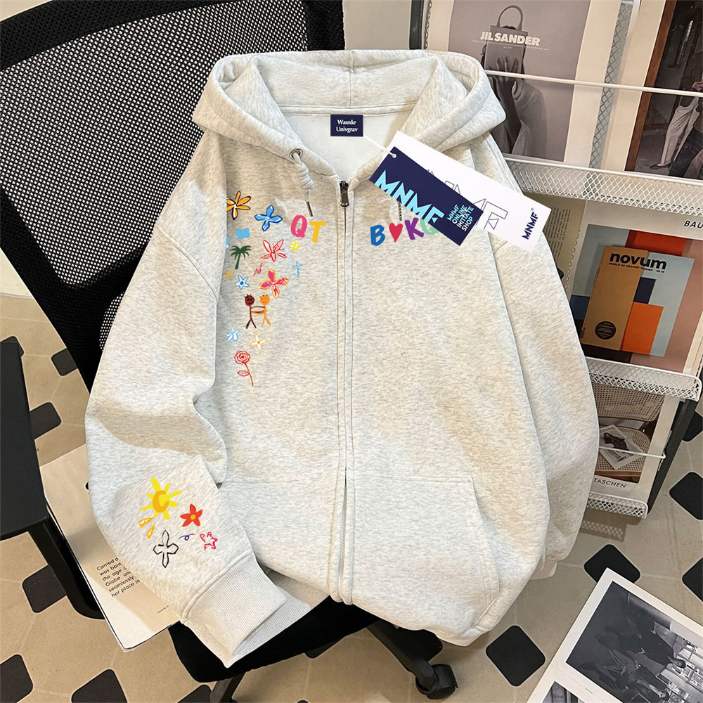 女童加绒拉链开衫连帽卫衣2026新款创意花朵印花中大童加厚外套潮