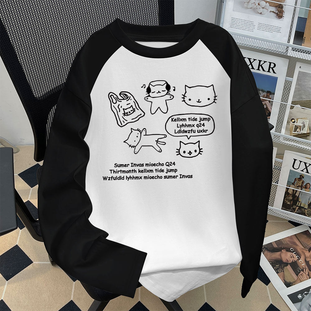 男女童插肩长袖t恤纯棉秋季卡通设计感中大童6-14岁撞色童装上衣