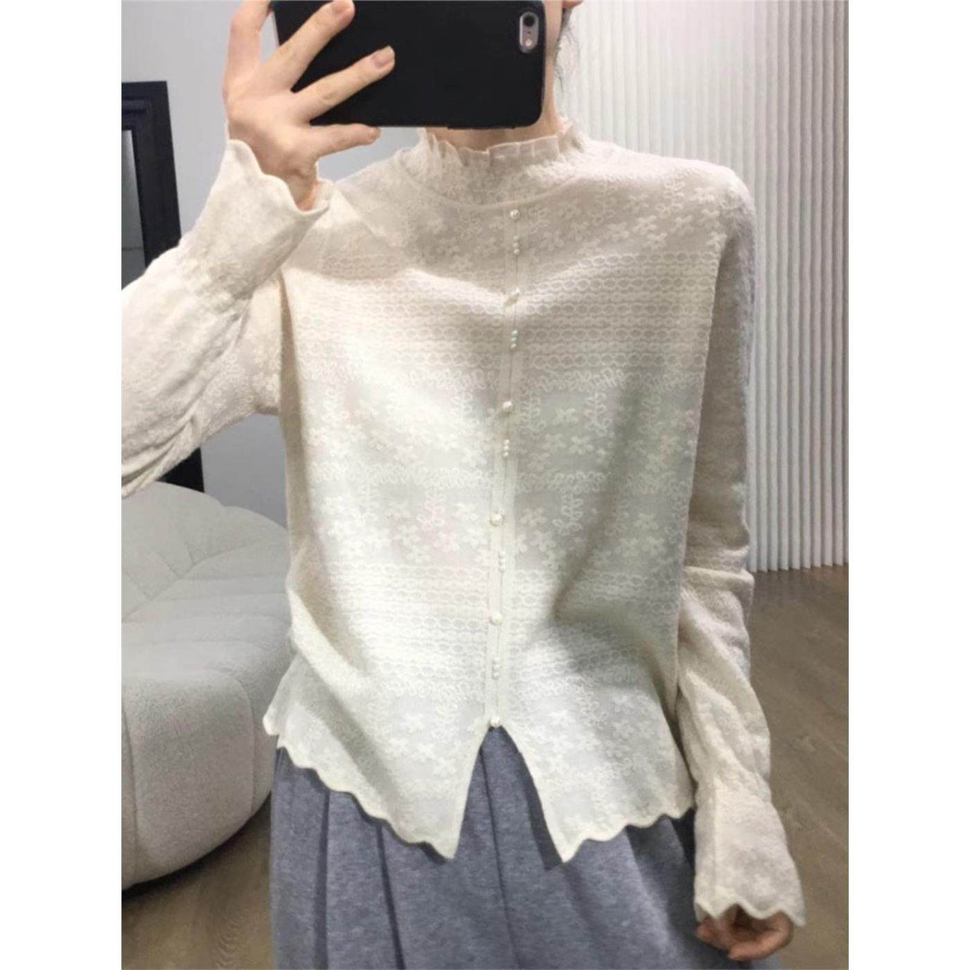 时尚的减少年龄的半高领开衩纽扣蕾丝针织衫春季多功能长袖内层衬,女装/女士精品,羊绒衫,淘宝优惠券,粉丝福利购,淘宝优惠卷
