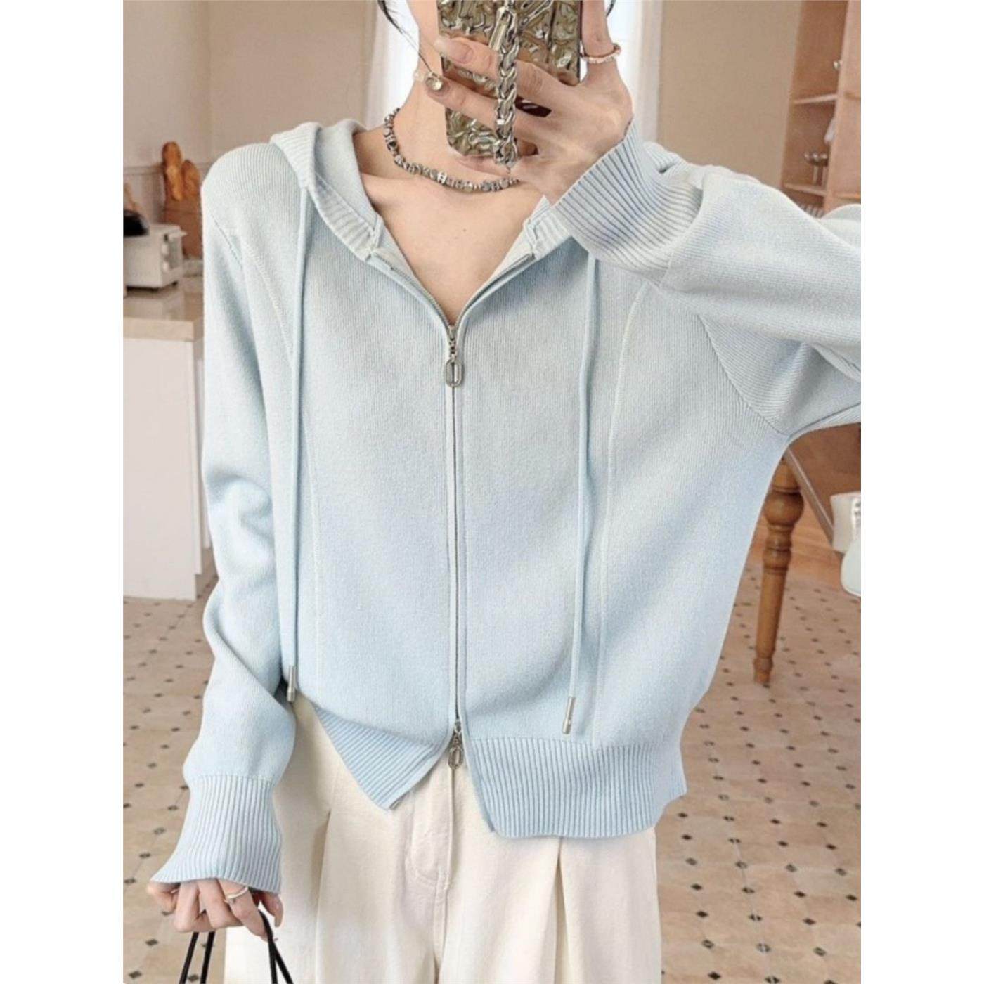 连帽双拉炼软糯长袖针织开衫毛衣外套女春季时尚气质帽衫休闲上衣,女装/女士精品,毛针织衫,淘宝优惠券,粉丝福利购,淘宝优惠卷