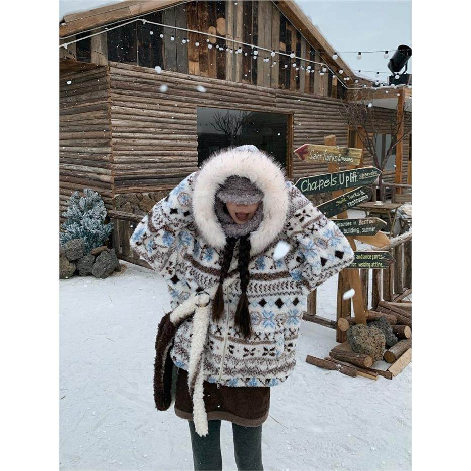 195大喜 费尔岛毛领连帽加绒羊羔绒女2025冬季宽松百搭棉服外套潮,个性定制/设计服务/DIY,棉服工装,淘宝优惠券,粉丝福利购,淘宝优惠卷