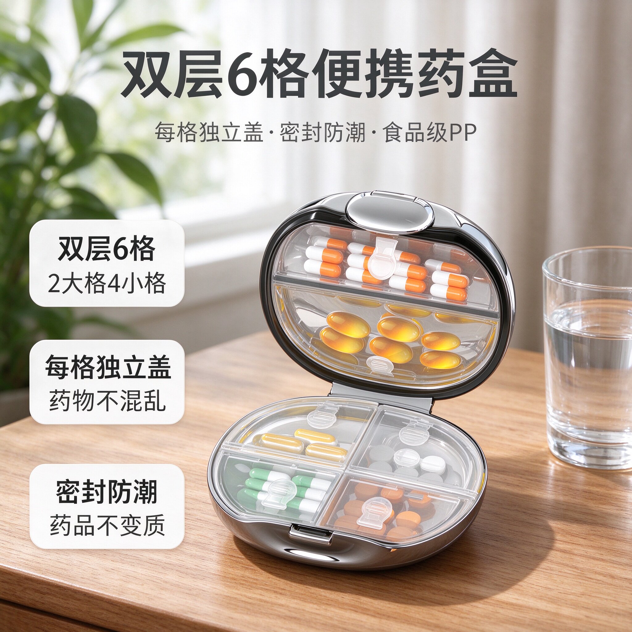 双层6格药盒便携随身分装盒