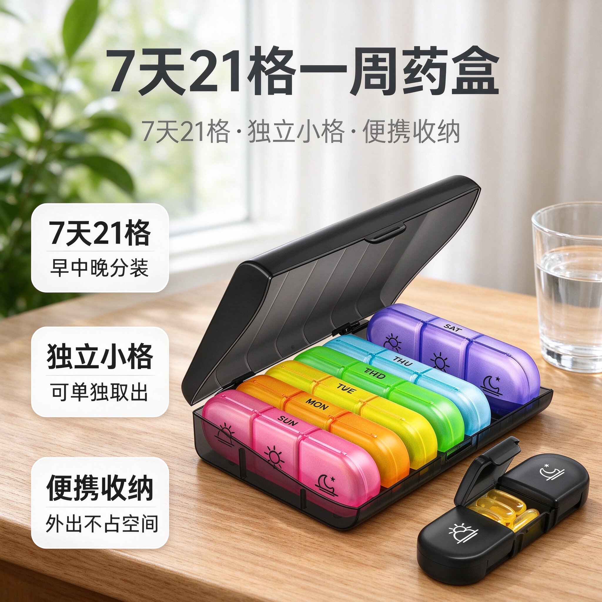 21格一周药盒独立小格可取出黑色外壳彩虹配色老人旅行随身带药