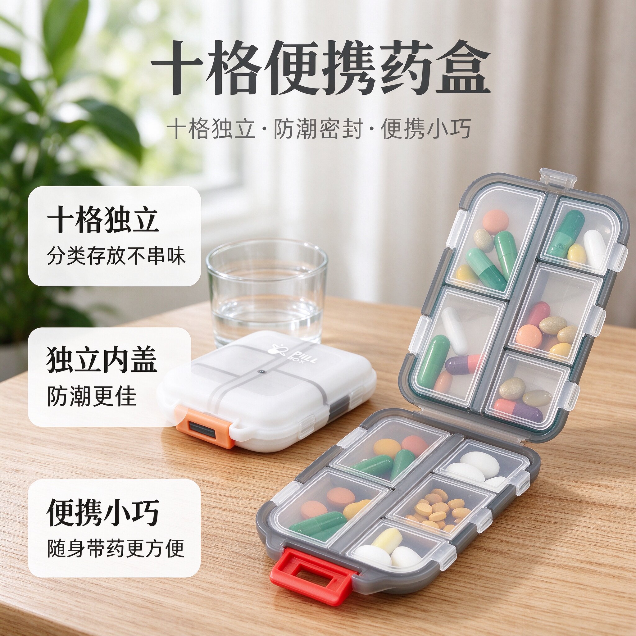 十格便携药盒独立内盖防潮密封分类存放老人旅行随身带药
