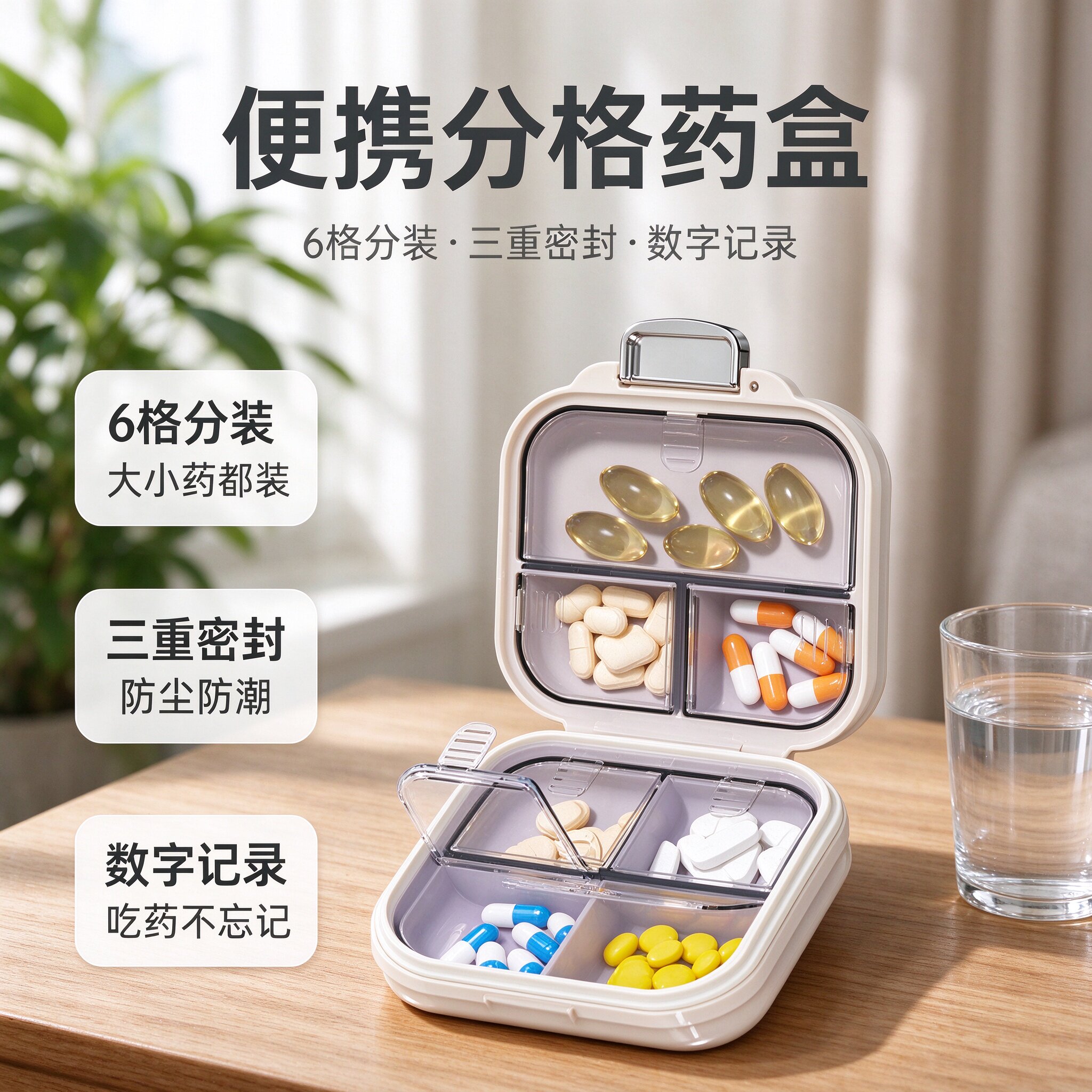 新款便携药盒分格 6格三重密封数字记录条纹设计迷你随身老人旅行