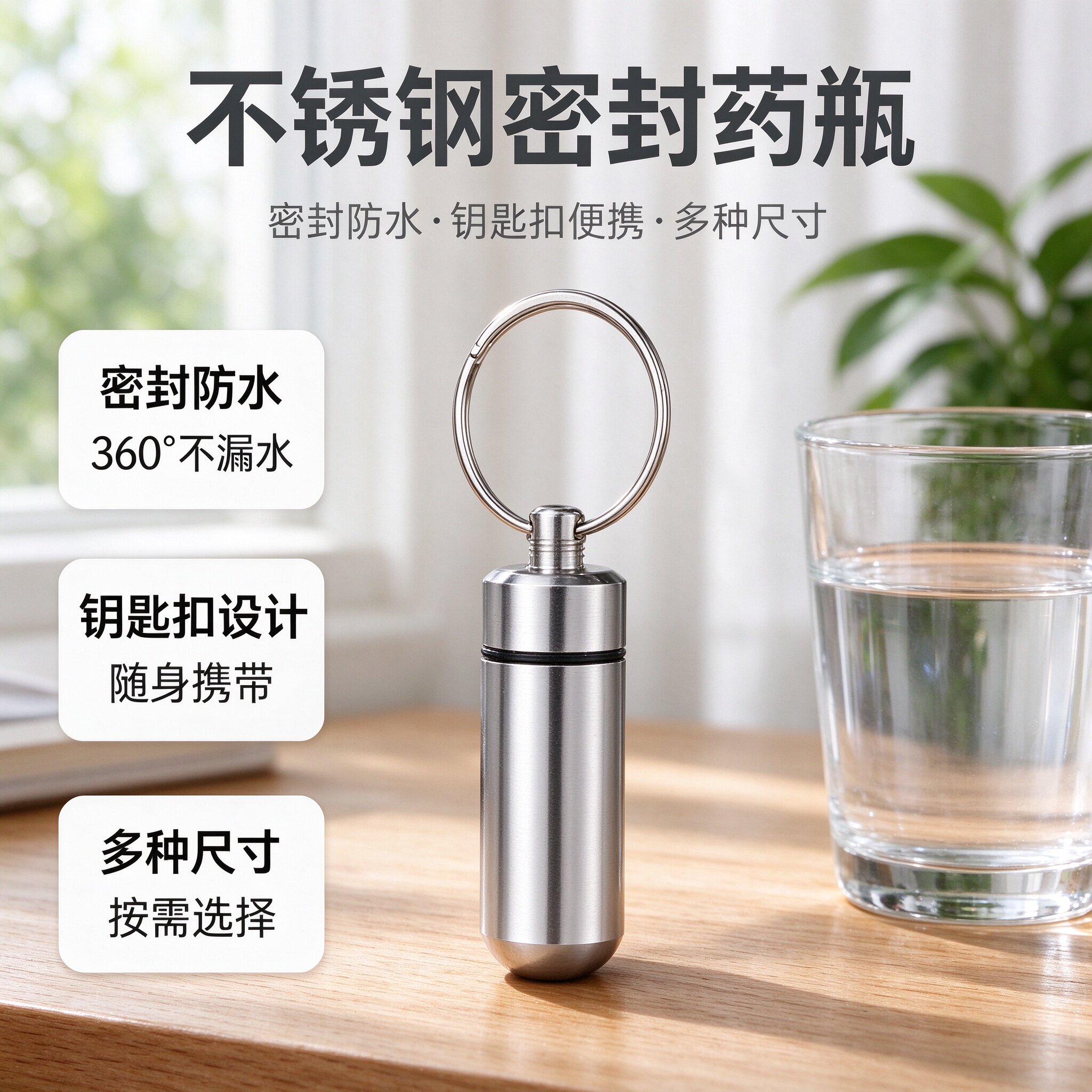 新款不锈钢密封药瓶钥匙扣便携小药瓶防水随身老人旅行多种尺寸