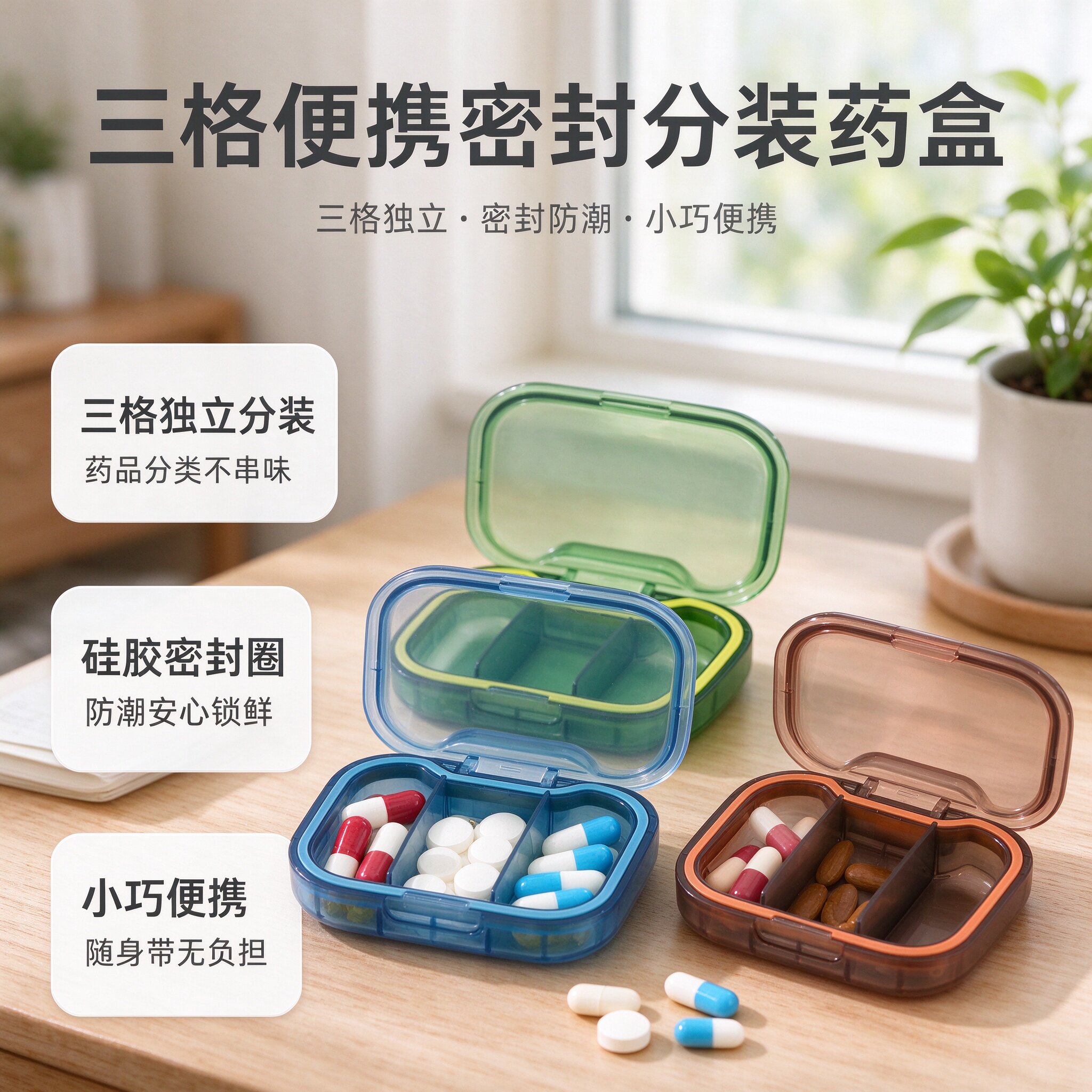 三格便携密封药盒小号随身带硅胶密封圈防潮药丸耳钉小饰品收纳盒