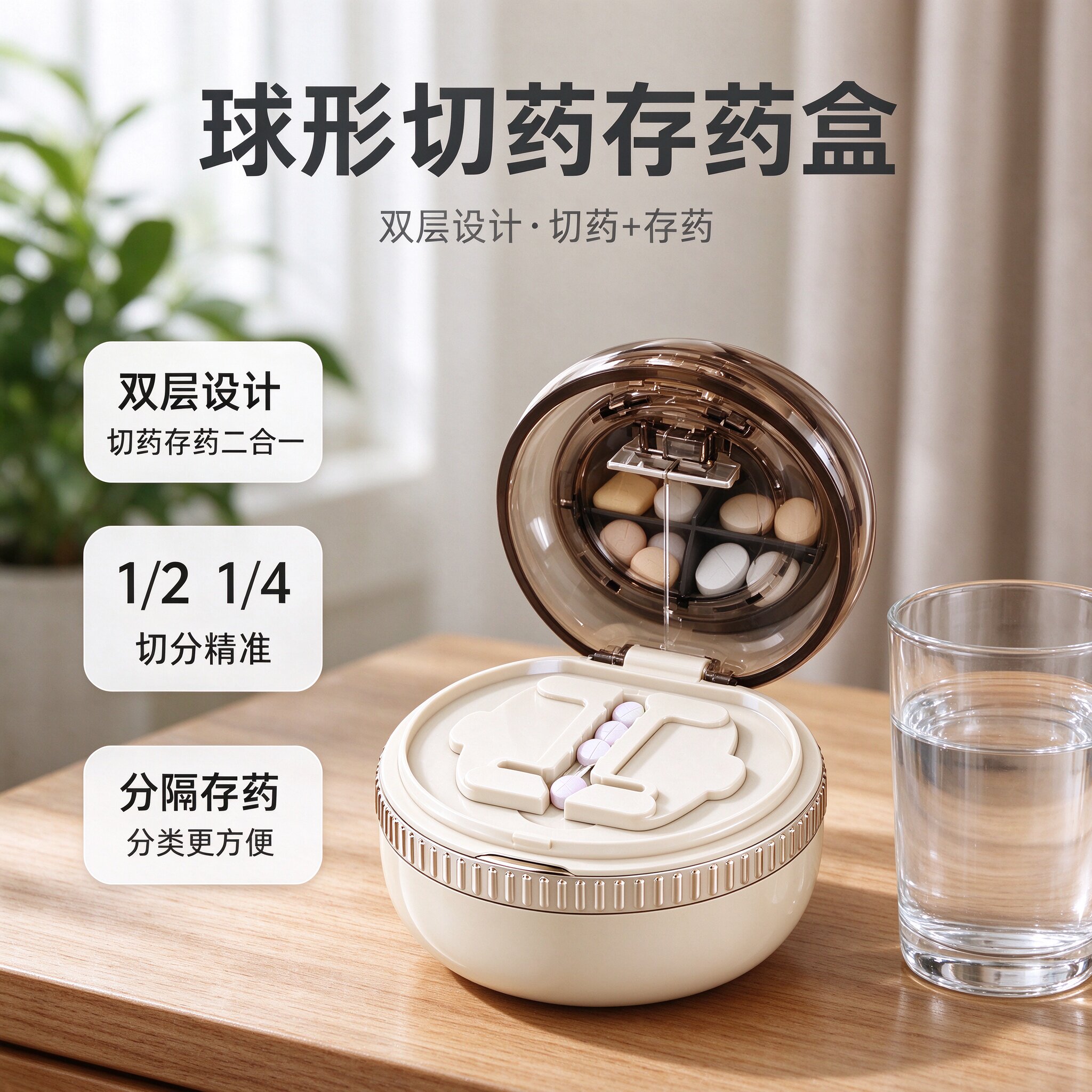 球形切药器药片分割器 1/2 1/4 切分双层设计切药存药分隔便携