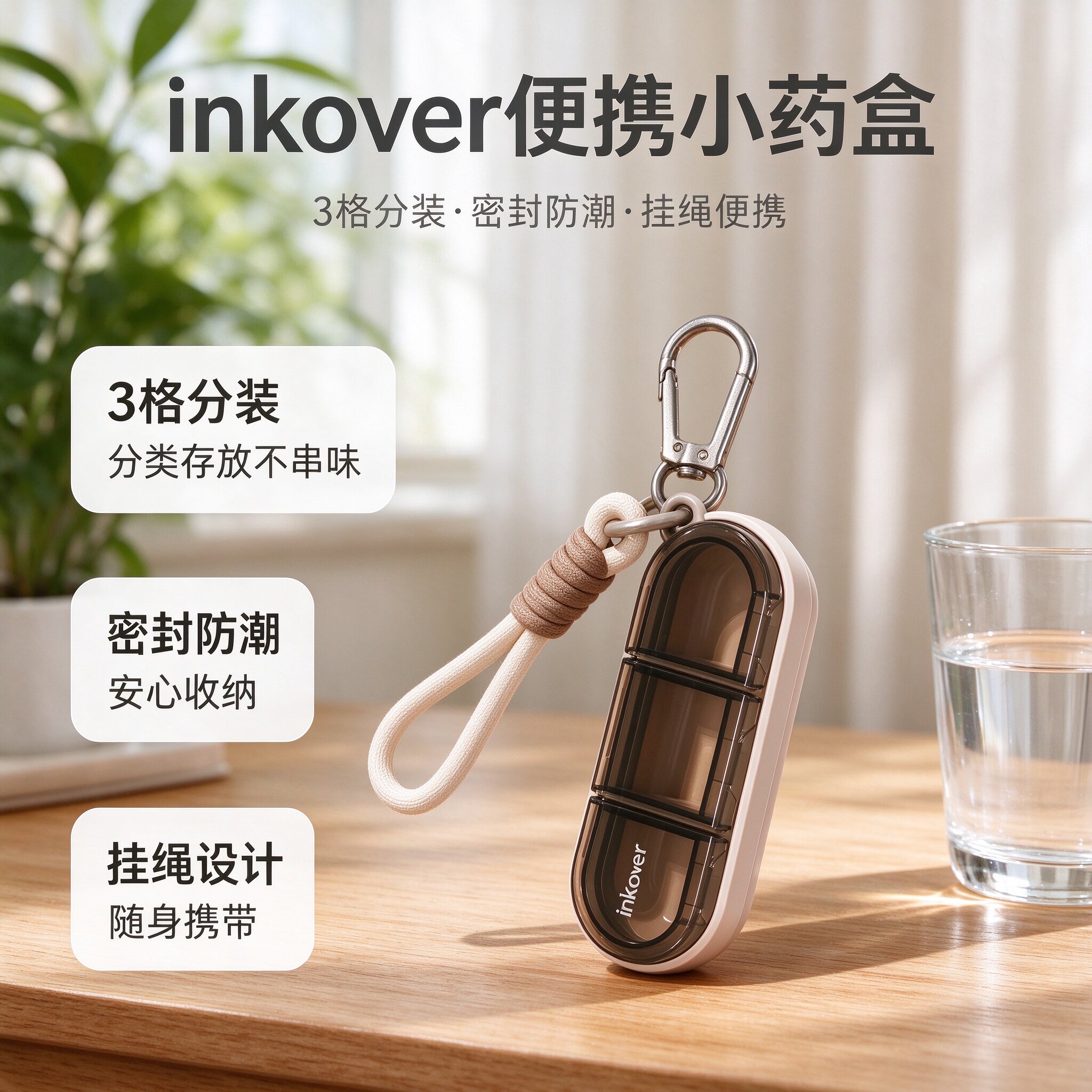 钥匙扣便携小药盒 3 格分装密封防潮编织挂绳老人旅行随身带药