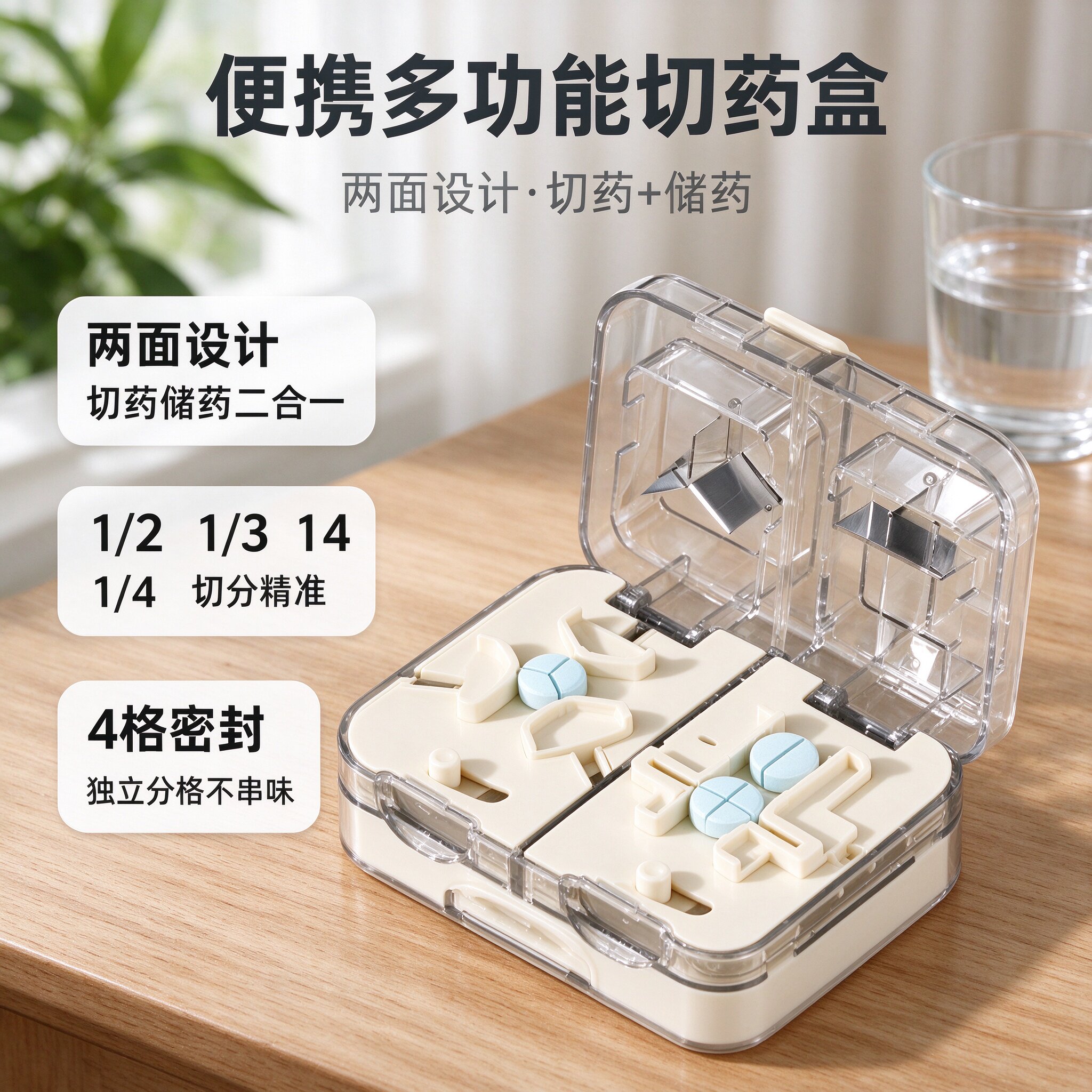 切药器药片分割器 1/2 1/3 1/4 切分两面设计切药储药4格密封便携