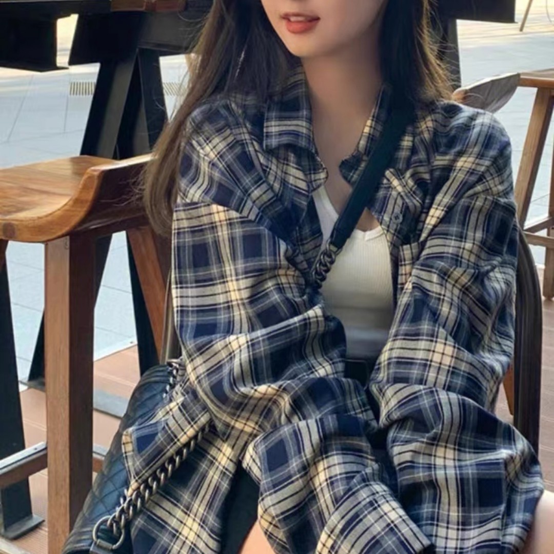 原版格子 格子衬衫女慵懒风复古宽松衬衣开衫外套上衣