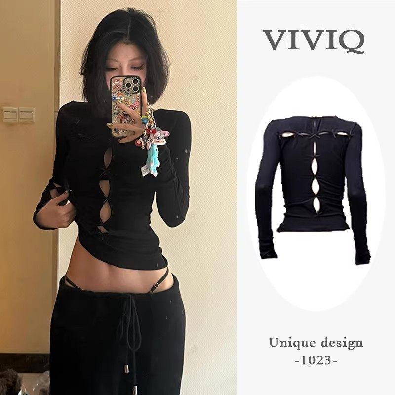 美式辣妹黑色镂空两穿长袖t恤女2026年春季紧身修身显瘦性感上衣