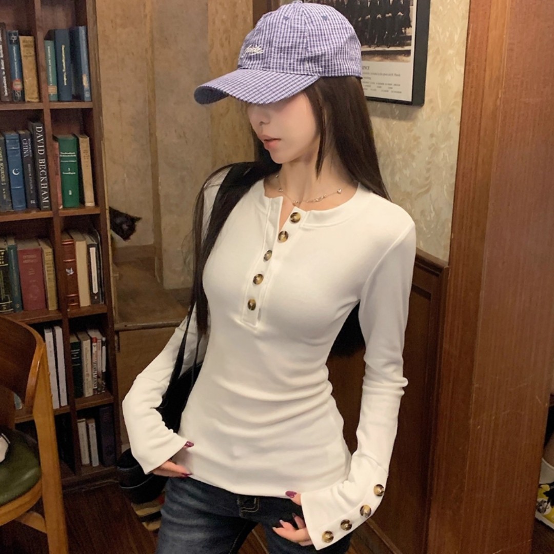 黑白纯色打底衫2026年春新款德绒辣妹风半开领纽扣长袖T恤女上衣