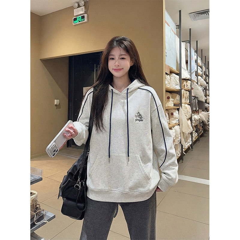 连帽卫衣女2026年春秋新款潮宽松明线装饰刺绣花连帽韩版上衣女装