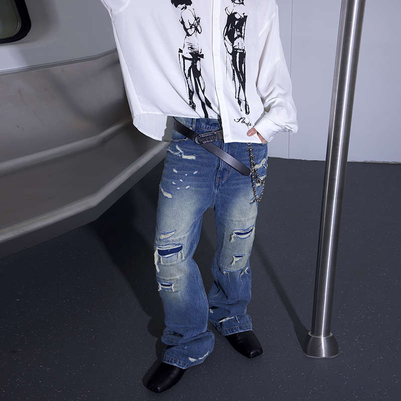 拖地牛仔裤蓝色水洗破坏补丁内贴
