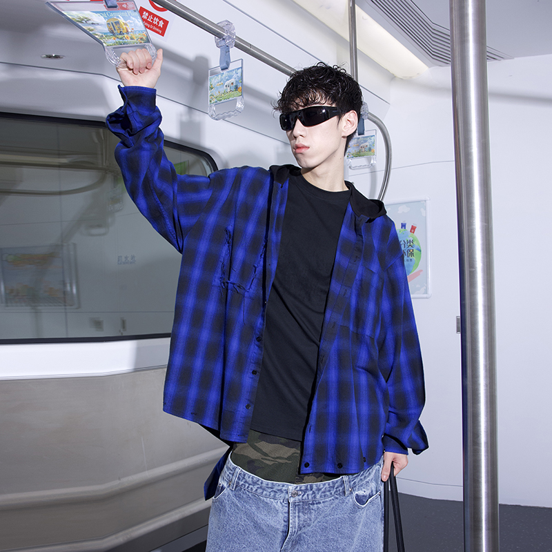 口袋破坏解构反转领座连帽衬衫