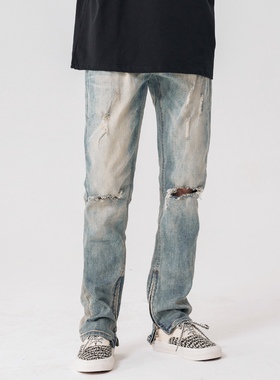 ［DRKK］XINYINSU新因素美式破洞牛仔裤侧边开叉拉链高街长裤子