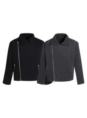 DRKK高端重磅精纺混纺斜拉链短款黑色翻领简约基础夹克外套