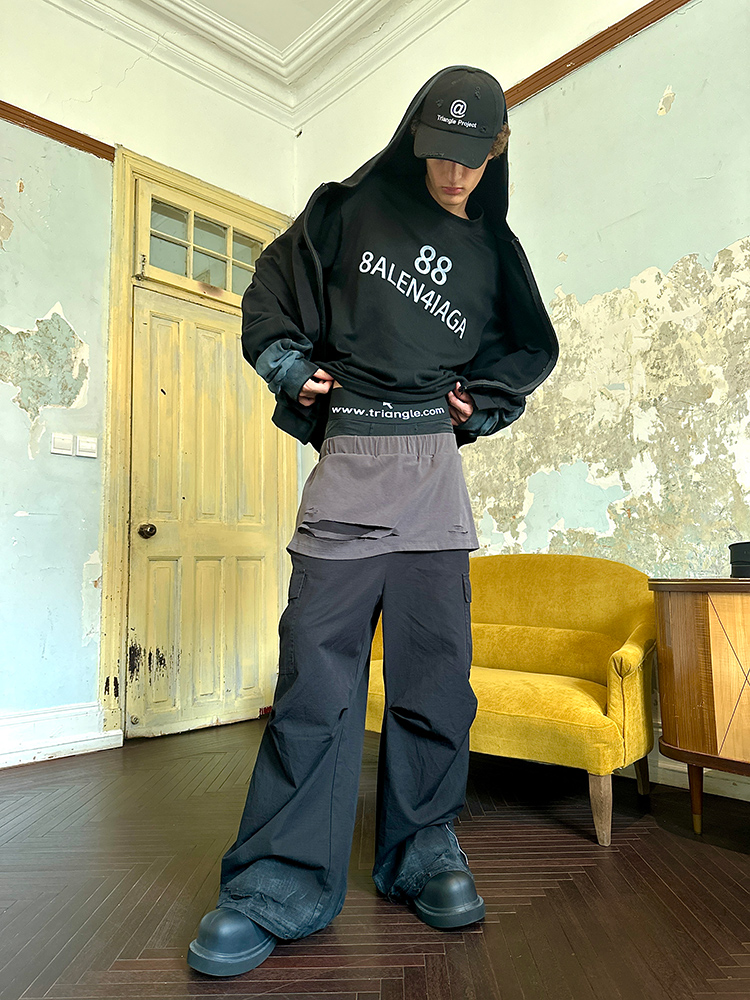 [DRKK]TRIANGLE PROJECT 23AW 假两件多口袋裤脚做旧破坏宽松休闲