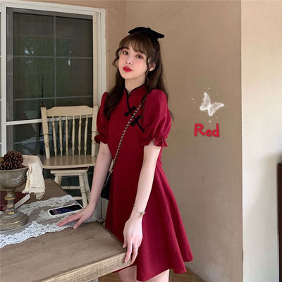 改良短款小个子法式红色旗袍伴娘