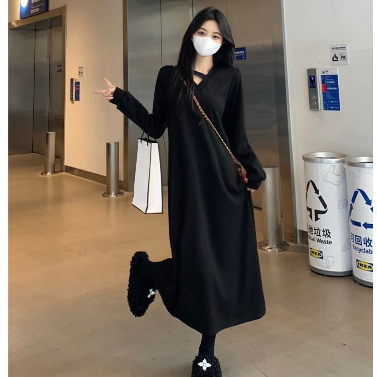 大码法式长袖打底针织连衣裙女