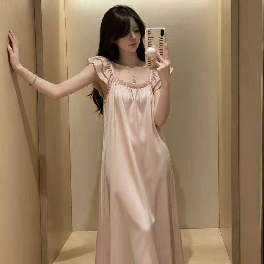 少女纯欲冰丝粉红色睡裙女士甜妹外穿睡衣公主风夏季一字领居家裙