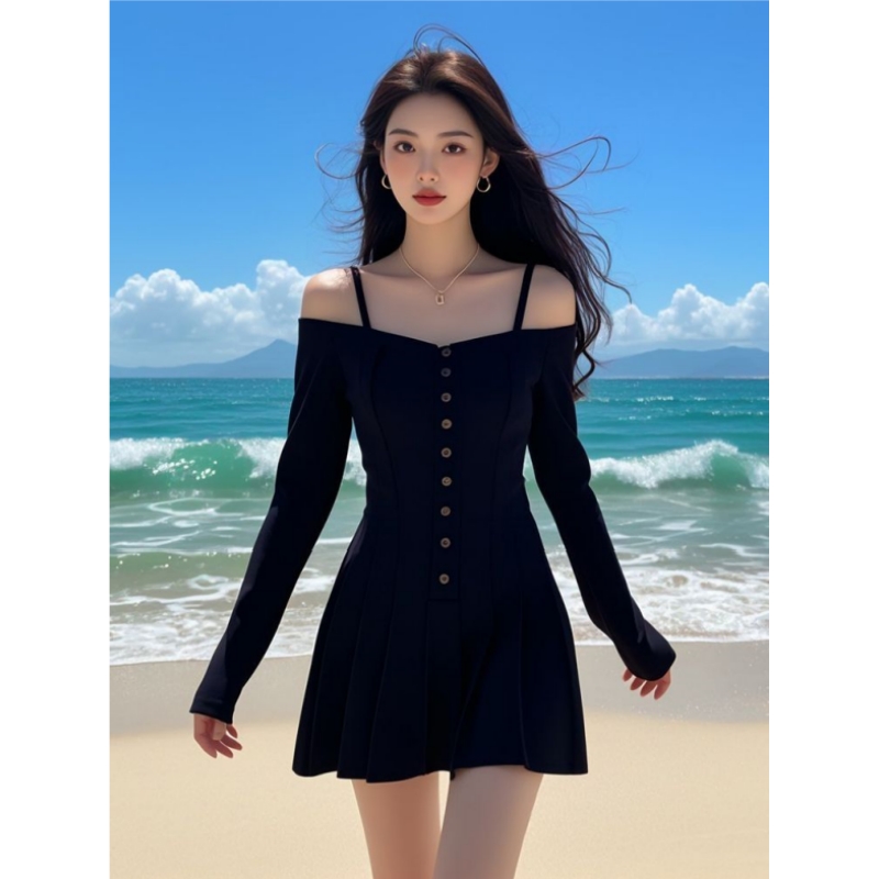 法式一字肩黑色收腰连衣裙女秋冬