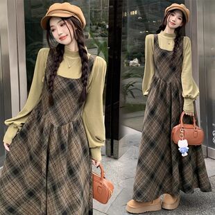 小香学院风格子背带连衣裙子女秋冬季2025新款小个子穿搭套装长裙