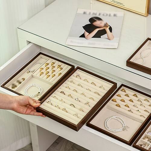 1pc Walnut Wood Grain Jewelry Box, Storage Tray for Rings, N