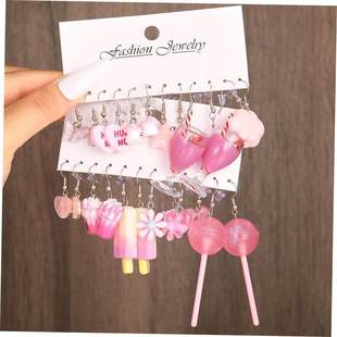 earrings set 12 pieces环保粉色蘑菇冰淇淋花朵爱心耳环套装12件