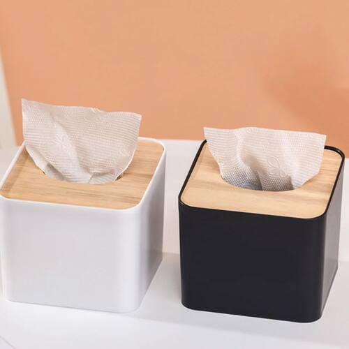 Plastic Tissue Box Wooden Lid Square Napkin Holder Container
