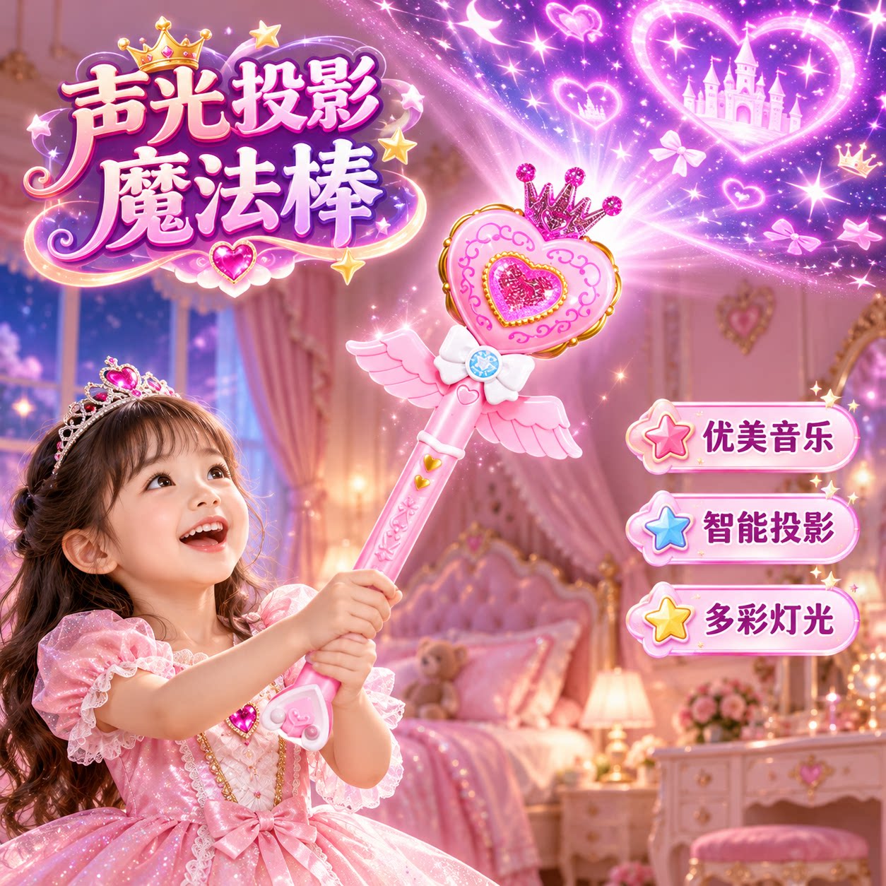 公主魔法棒儿童发光仙女棒女孩小魔仙玩具女童艾莎权杖音乐投影灯