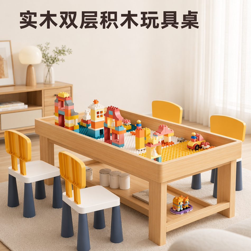 儿童实木双层多功能拼装积木桌图片