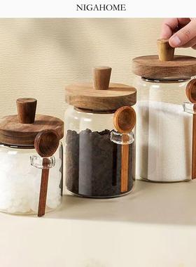 NigaHome 欧式家用厨房硼硅玻璃和木制糖罐调料罐 44268217052