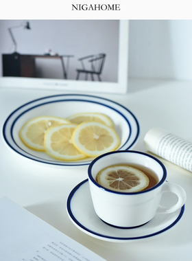 Niga Home茶杯配杯碟咖啡碟加厚款复古蓝色线条套装 44240208400