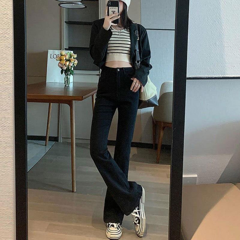 黑色微喇牛仔裤时尚夏季高腰喇叭裤修身直筒网红弹力马蹄长裤子女