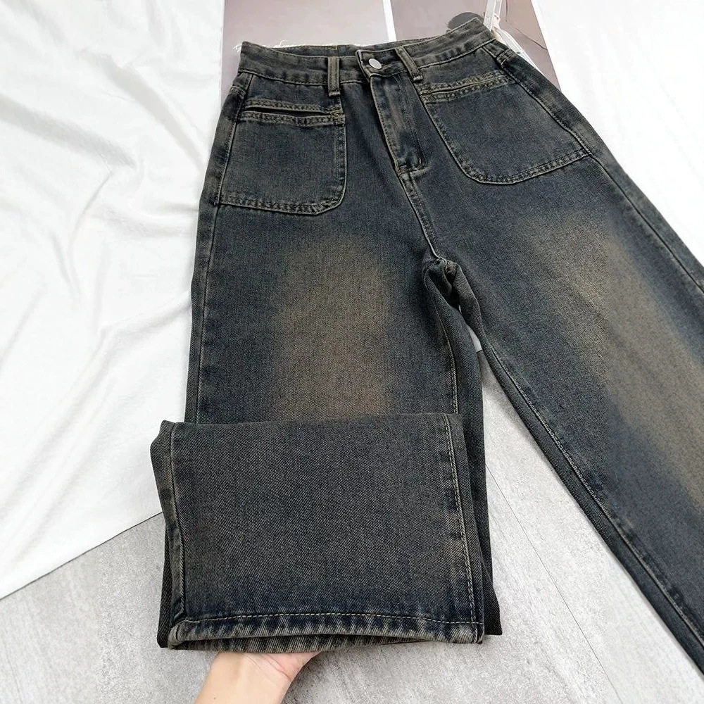 宽松直筒牛仔裤女前口袋设计高腰水泥灰拖地遮肉美式阔腿长裤子