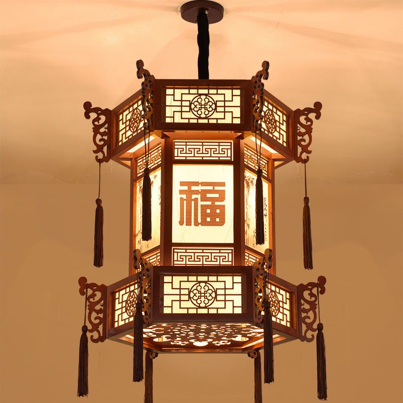 中式复古实木仿古宫灯羊皮宫廷吊灯建筑酒店寺庙长廊亭子六角灯笼