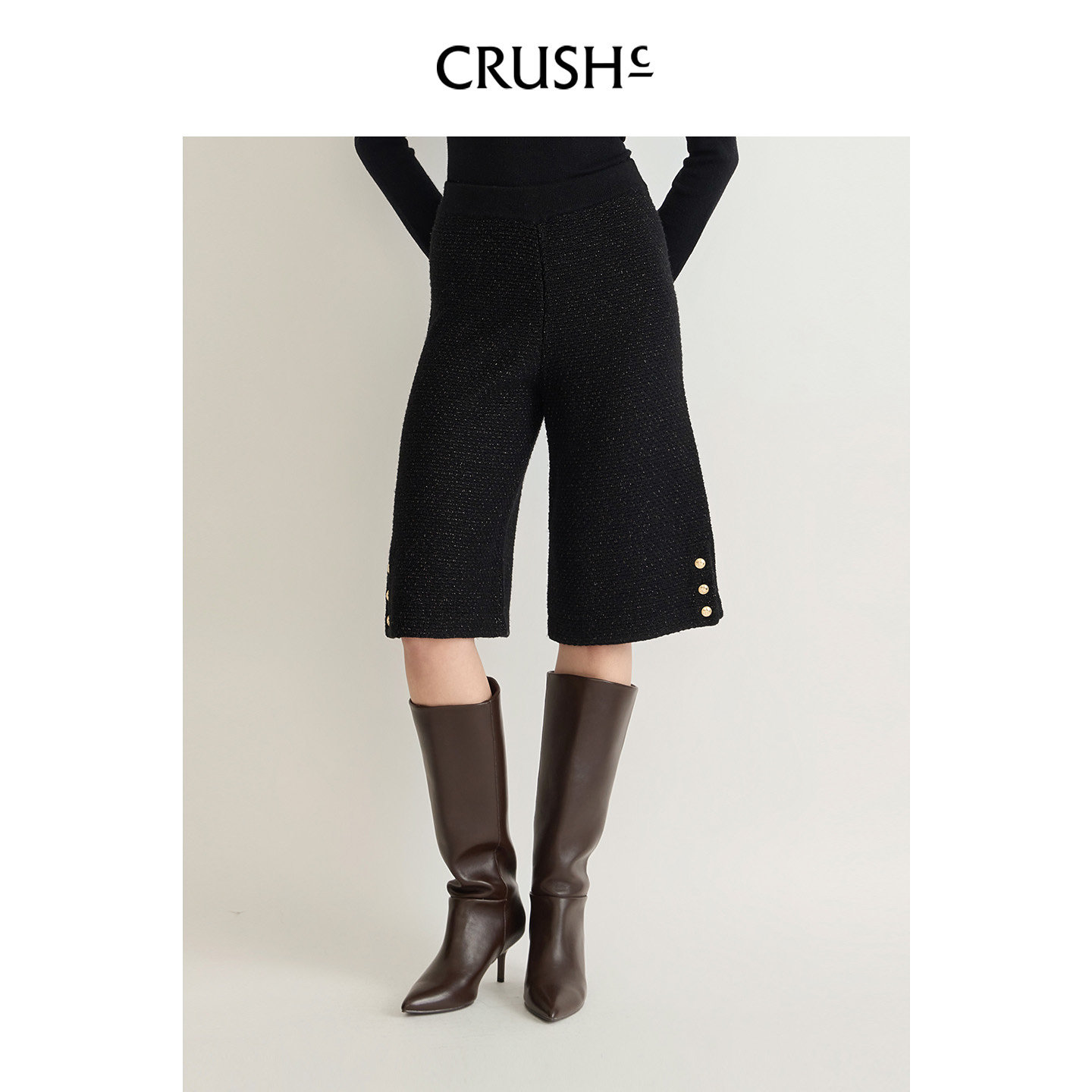 CRUSH Collection2026年早秋新款花呢阔腿黑色中裤五分裤女款