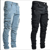 Men Multi Pants Cotton Jeans Trousers Casual Denim Pocket