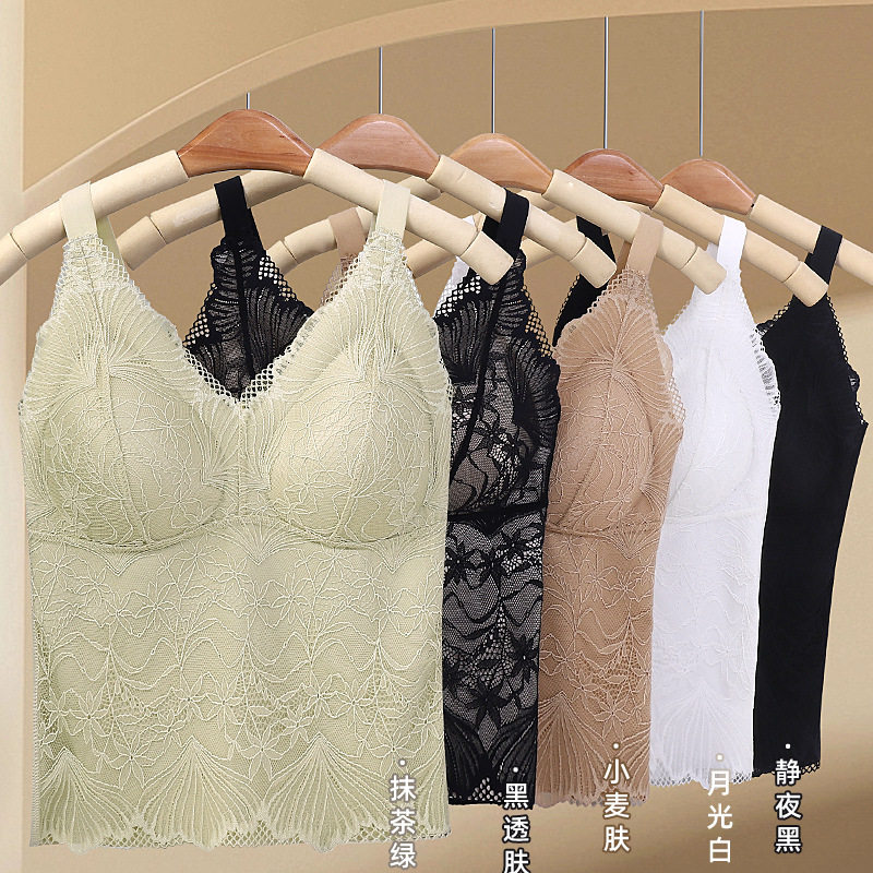 法式蕾丝吊带长款背心一体乳胶固定杯聚拢无痕内搭外穿美背内衣女