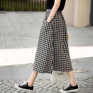 亚马逊黑白格子半身裙大码胖mm显瘦休闲裤女款梨形身材松紧腰长裙