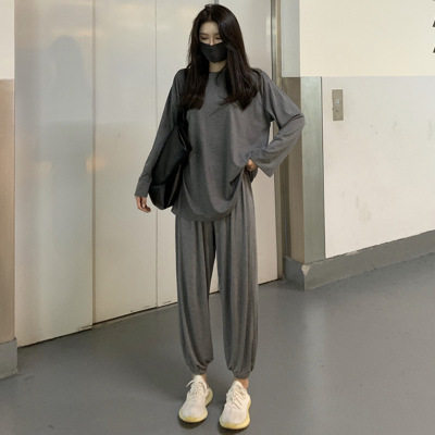 运动风套装女韩版ins新款长袖宽松t恤高腰束脚休闲裤两件套春秋季
